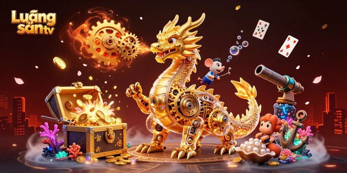 Lương sơn tv offers an engaging scene with a golden dragon and colorful gaming treasures.
