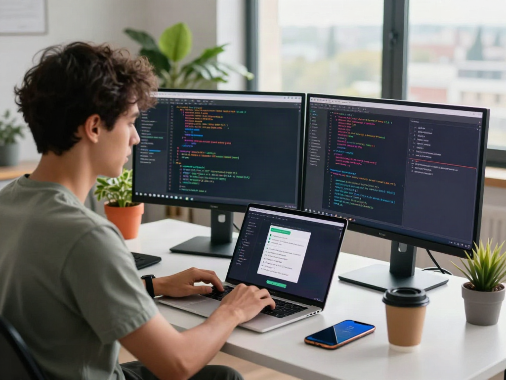 Developer engaging with GBWhatsApp on laptop in a modern workspace, showcasing productivity and technology.