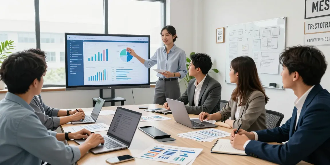 Fractional CMO consults with a startup team on effective SEO strategy in a bright meeting room.