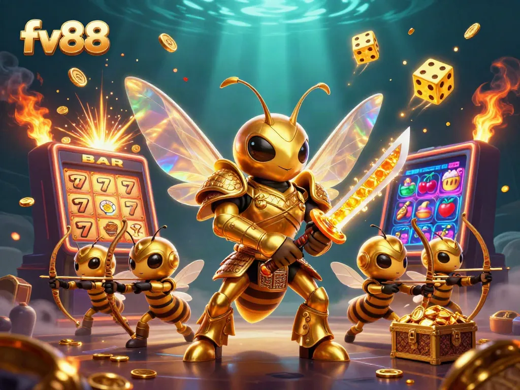 fv88 offers a vibrant casino scene filled with golden coins and dynamic gaming elements, showcasing exciting jackpots.