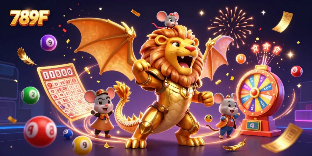 Engage with spectacular games at 789F, featuring a triumphant chimera amidst dynamic lottery elements.