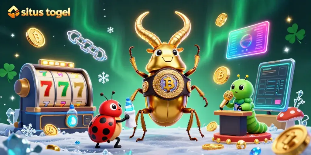Engage with situs togel in a colorful 3D lottery scene featuring a giant stag beetle and vibrant gambling elements.