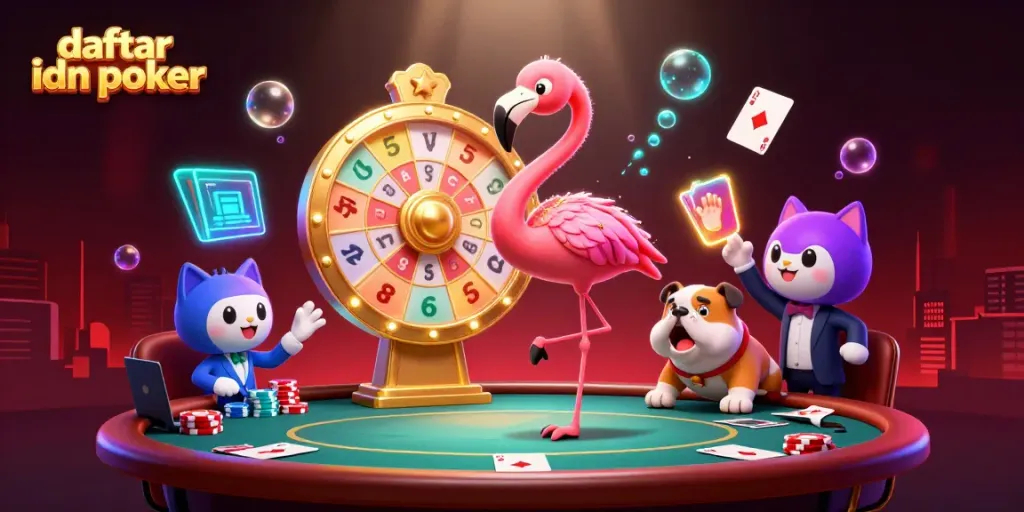 Experience the excitement of daftar idn poker in this thrilling 3D illustration with vibrant characters and casino elements.