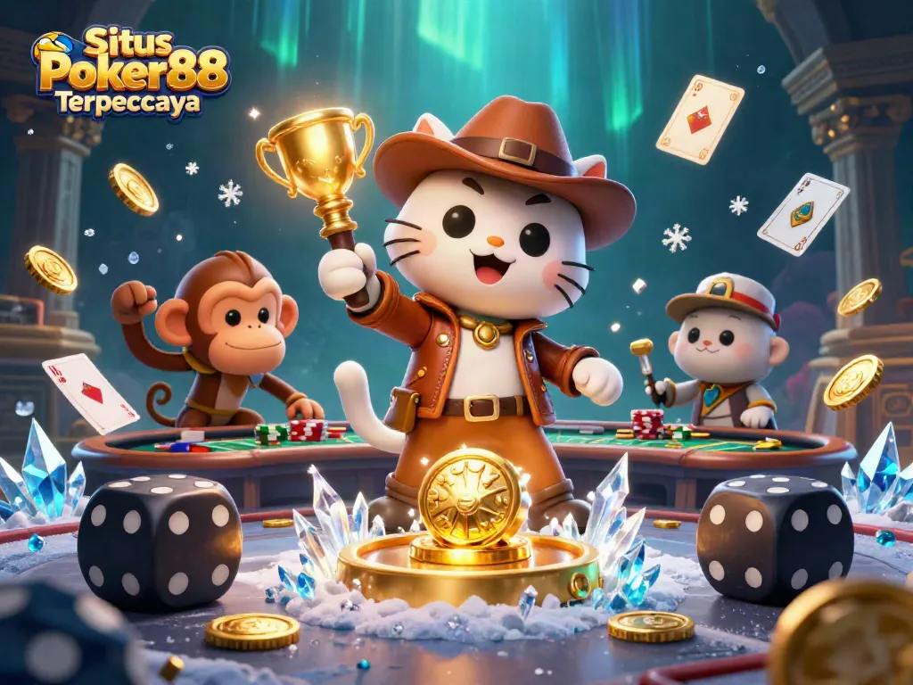 Situs Poker88 Terpercaya showcases a cartoon explorer cat discovering golden casino treasures amidst poker tables and coins, celebrating gaming excitement.