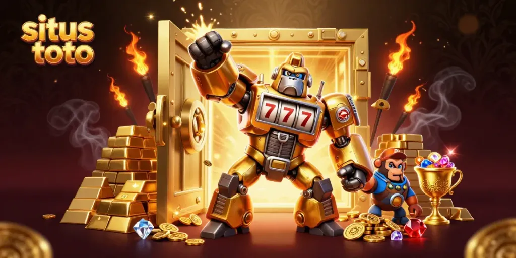 Experience the excitement of situs toto with vibrant 3D gaming elements and a dynamic golden gorilla mech.