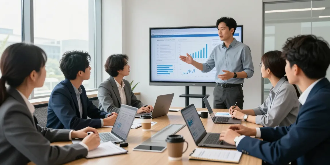 Équipe collaborative discutant des services CIBC dans un bureau moderne, avec graphiques et ordinateurs portables.