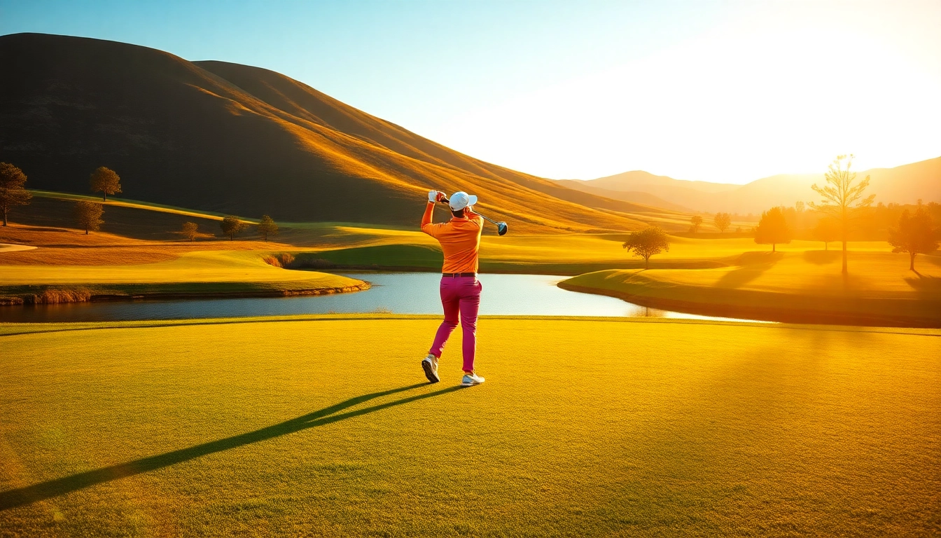 Golf player in vibrant attire executing a swing on a stunning course.