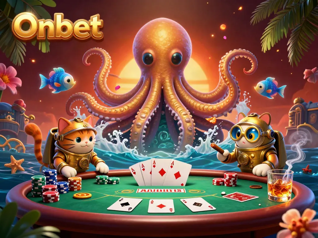 Engage with Onbet's thrilling poker experience featuring a kraken, diving cat, and vibrant game elements.