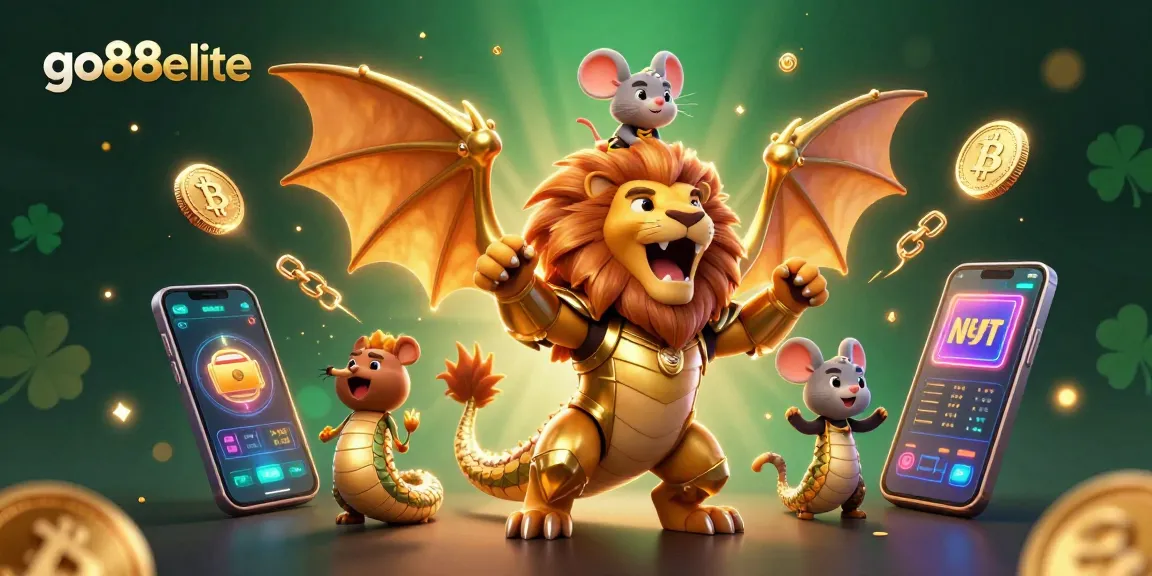 Go88elite showcases thrilling online gambling with a powerful golden chimera and vibrant crypto elements.