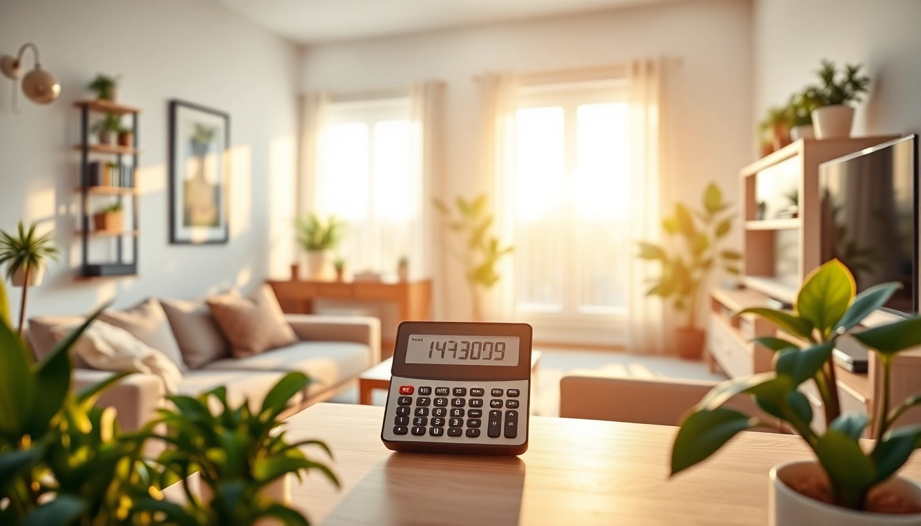 Calculate residential energy consumption using a digital calculator in a welcoming home environment.