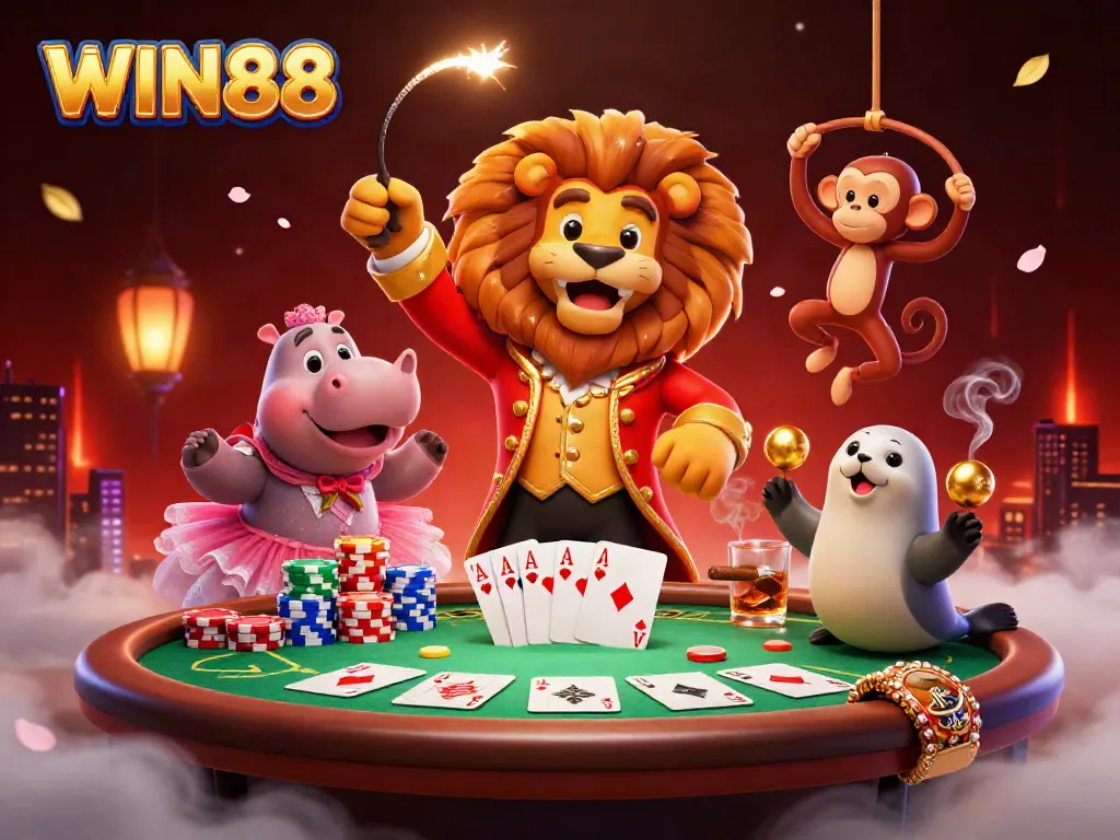 Experience the thrill of WIN88 with a vibrant circus-themed casino scene featuring lively animals and poker elements.