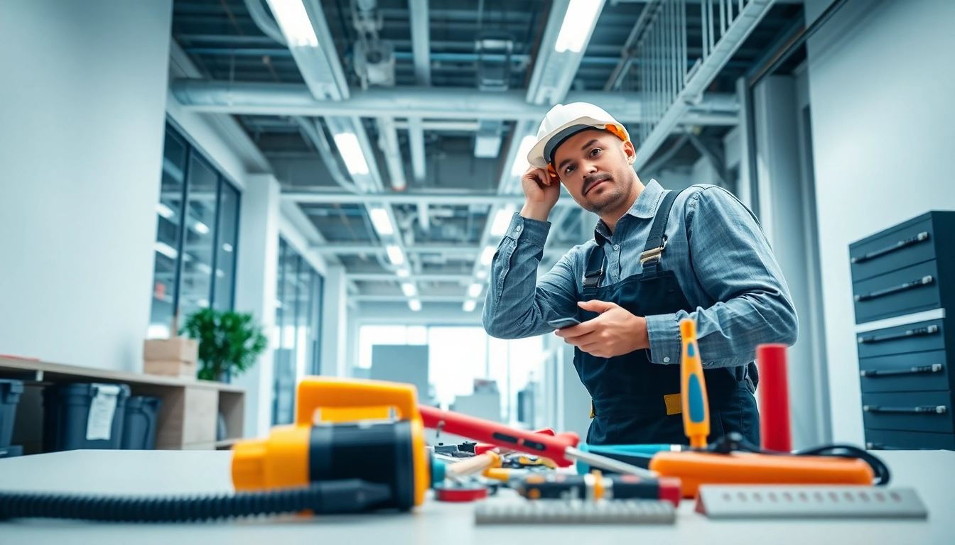 Engaged professional conducting commercial electrical maintenance in a modern office.