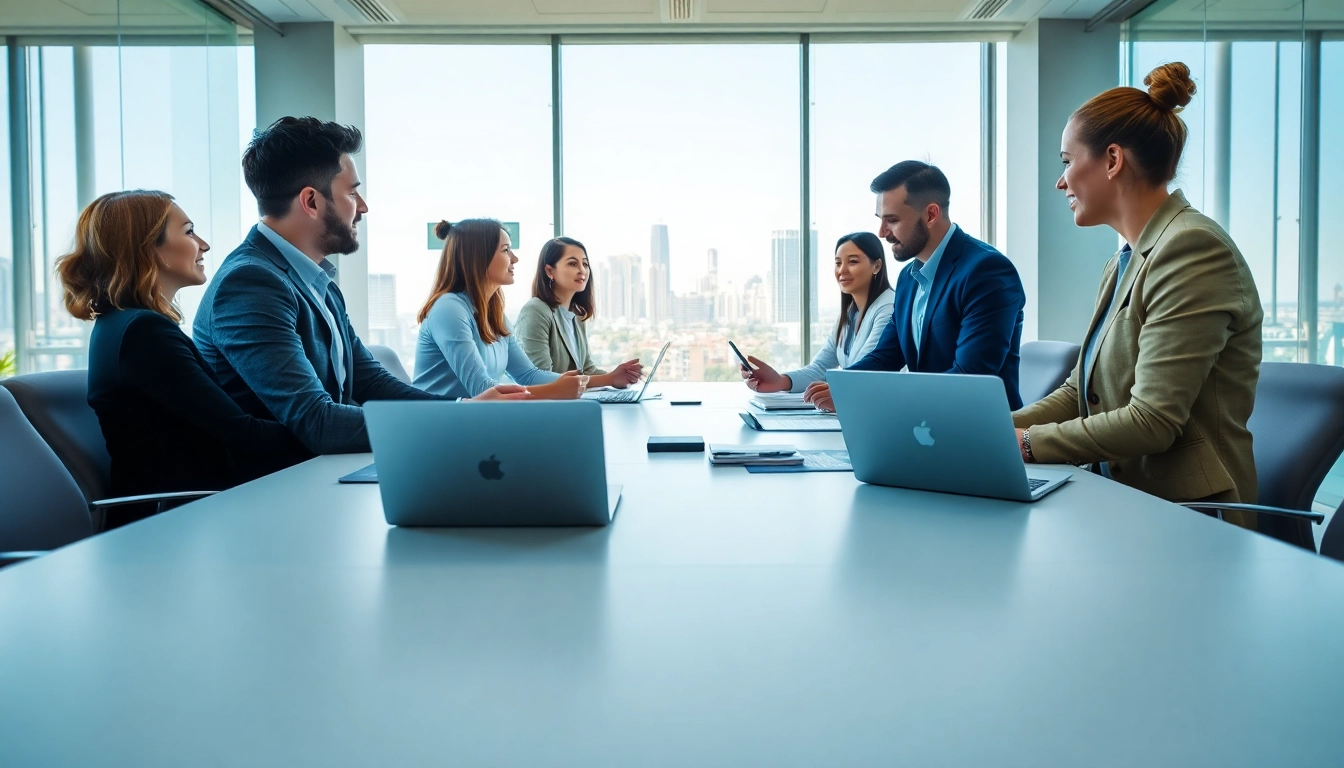 Strategic discussion on B2B growth marketing in a modern office setting highlighting collaboration.