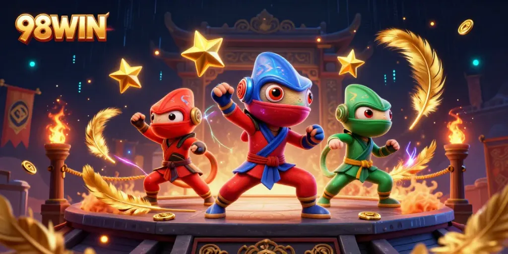 Experience thrilling excitement with 98WIN's chameleon ninja trio performing martial arts in a vibrant casino atmosphere.