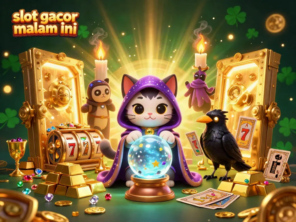 Menggoda keberuntungan dengan "slot gacor malam ini" dalam ilustrasi kasino penuh warna yang dinamis.