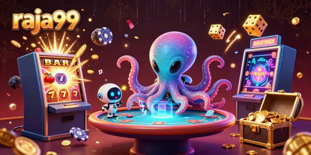 Experience thrilling gameplay with raja99 as a cartoon octopus plays poker with a glowing jackpot.