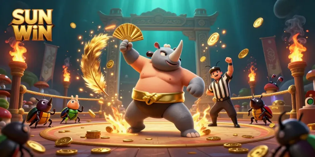 Experience the excitement of SUN WIN with a vibrant 3D illustration featuring a beetle sumo champion, coins flying, and a cricket referee in a dynamic casino-themed environment.