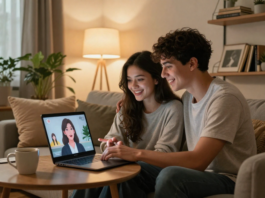 AI girlfriend virtual date setup in a cozy, modern living room.