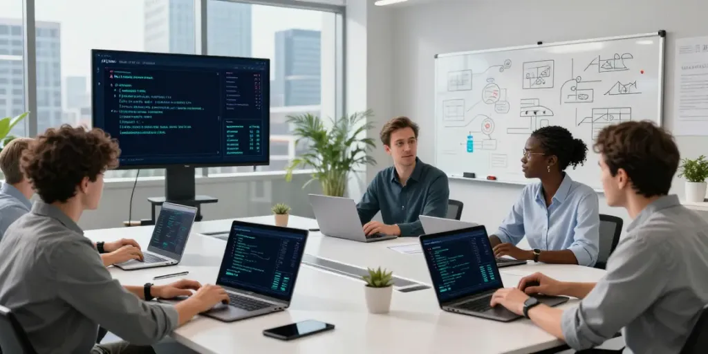 Collaboration in the AI Token Economy with engineers analyzing data and algorithms.