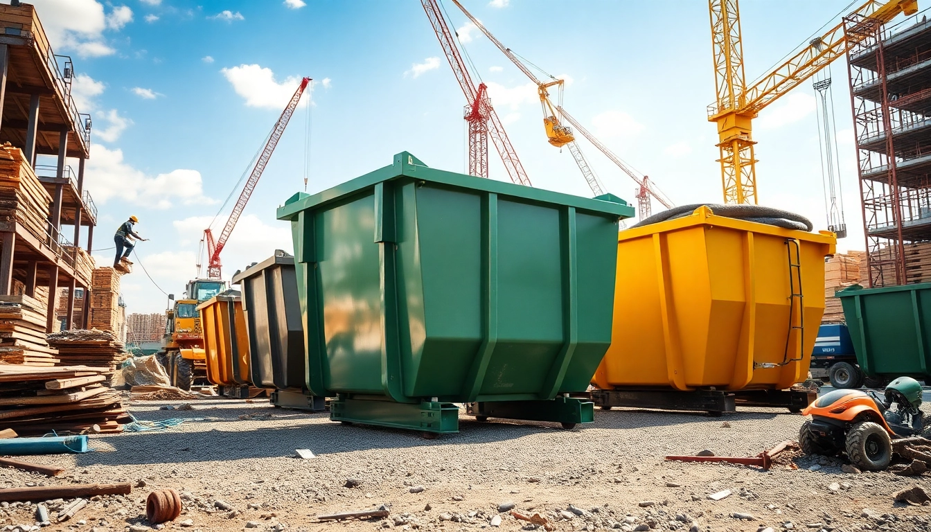 Efficient roll off bins positioned at a bustling construction site showcasing durability and functionality.