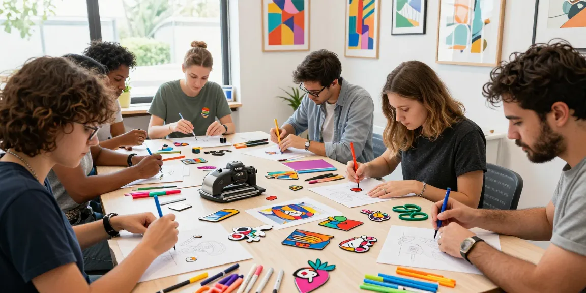 Custom acrylic pins being designed in a vibrant craft studio, showcasing creativity and collaboration.