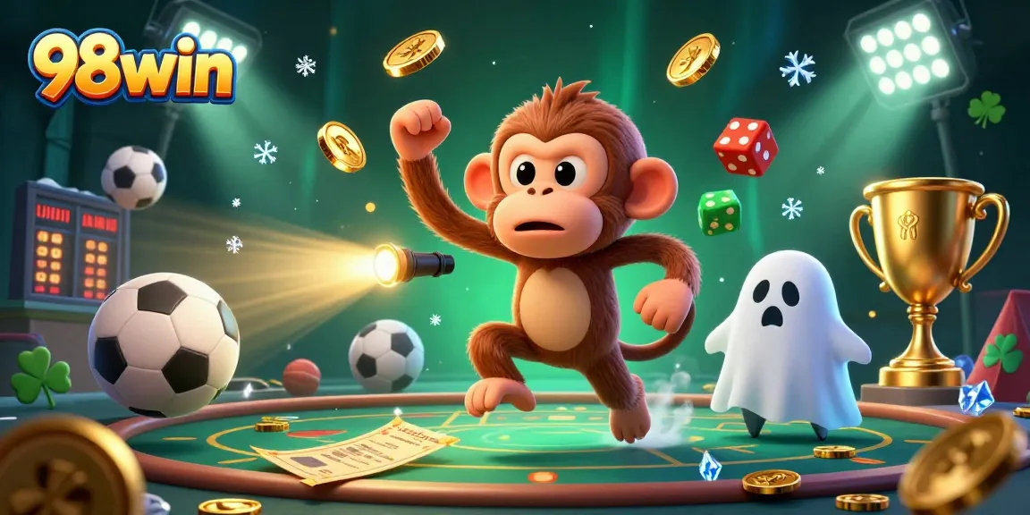 Join the adventure with 98win as the mischievous poltergeist monkey juggles golden coins in a haunted casino.
