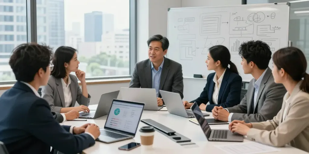 Michael Rustom leading a collaborative business meeting in a modern office.