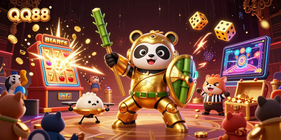 Engage with QQ88's vibrant casino adventure featuring a mech-suit panda in an electrifying scene.