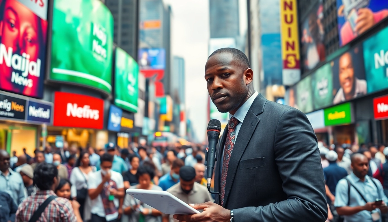 Capture of Naija News journalist engaging with urban crowd in vibrant city scene.