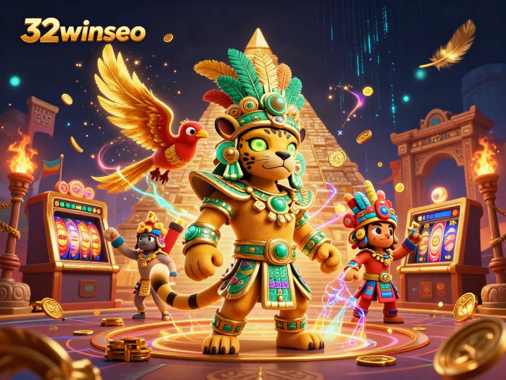 Spin to win big at 32winseo with vibrant casino scene filled with golden slot reels and dynamic characters.