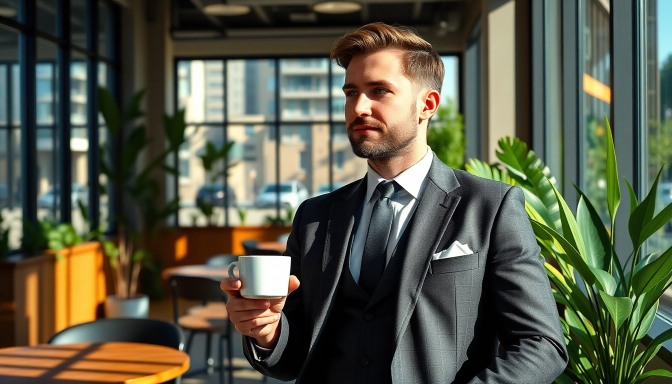 Geniet van een stijlvolle man in een café waarbij https://www.mannenmag.nl/ centraal staat in de setting.