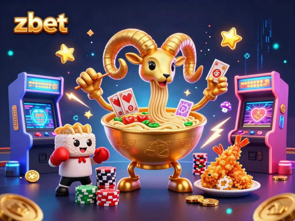 Zbet enthusiastically welcomes players with a vibrant casino-themed illustration featuring a golden ramen bowl dealer, adding excitement to the gaming atmosphere.