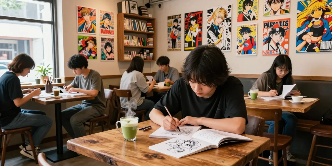 Artist immersed in creation at doujinhentai-th.com inspired manga cafe.
