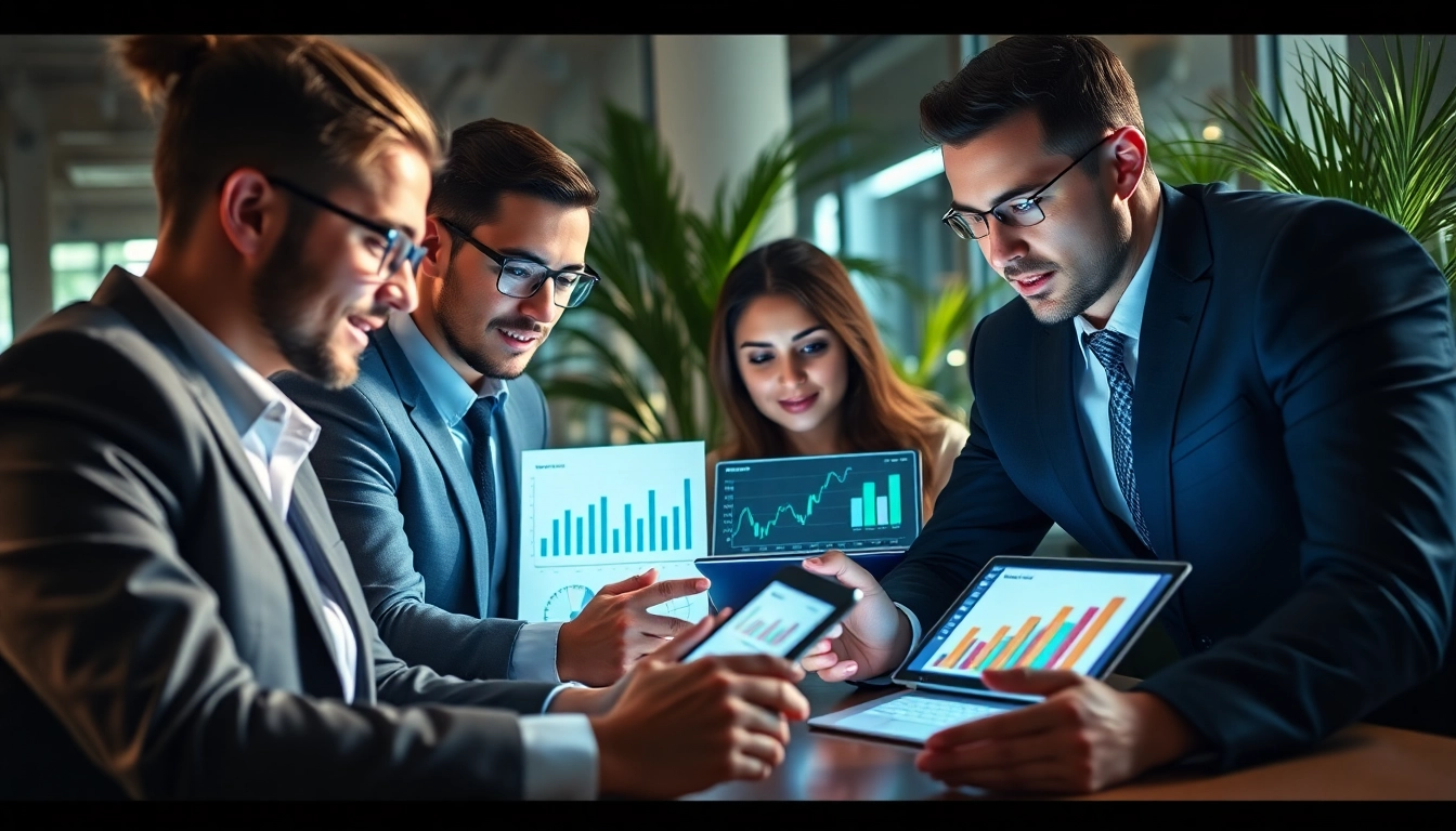 Engaged team analyzing AI sales tool data through digital devices in a modern office setting.