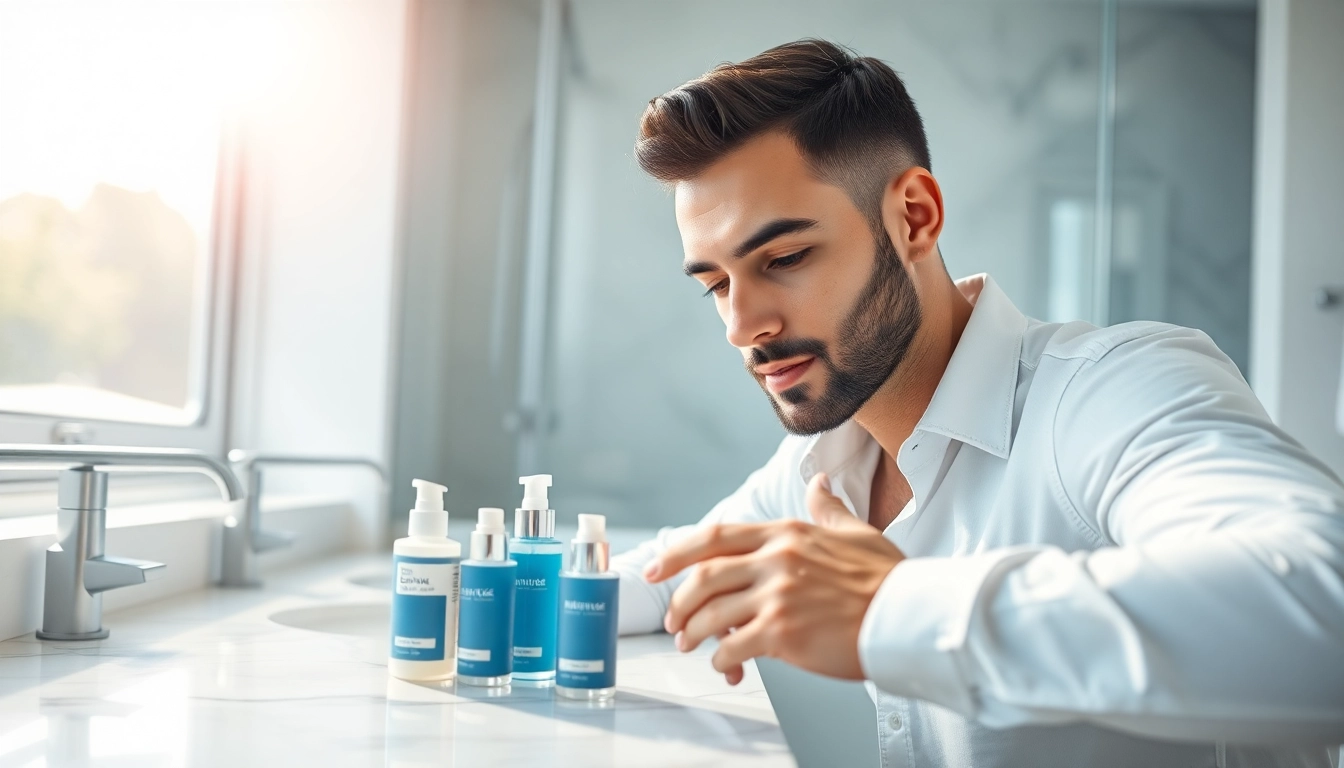 Man applying skin care for men products in a bright modern bathroom.