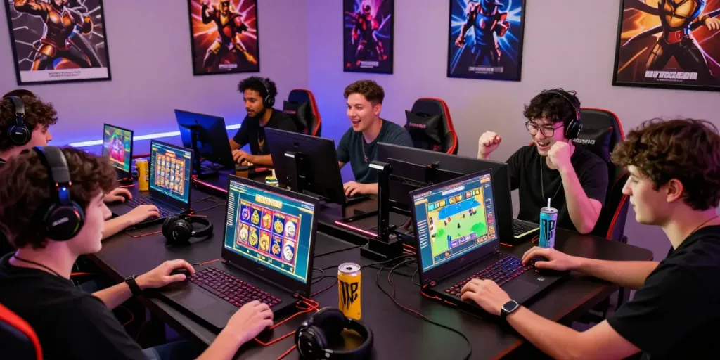 BOS88 online gaming players enjoying a vibrant multiplayer session with colorful screens and accessories in an energetic atmosphere.