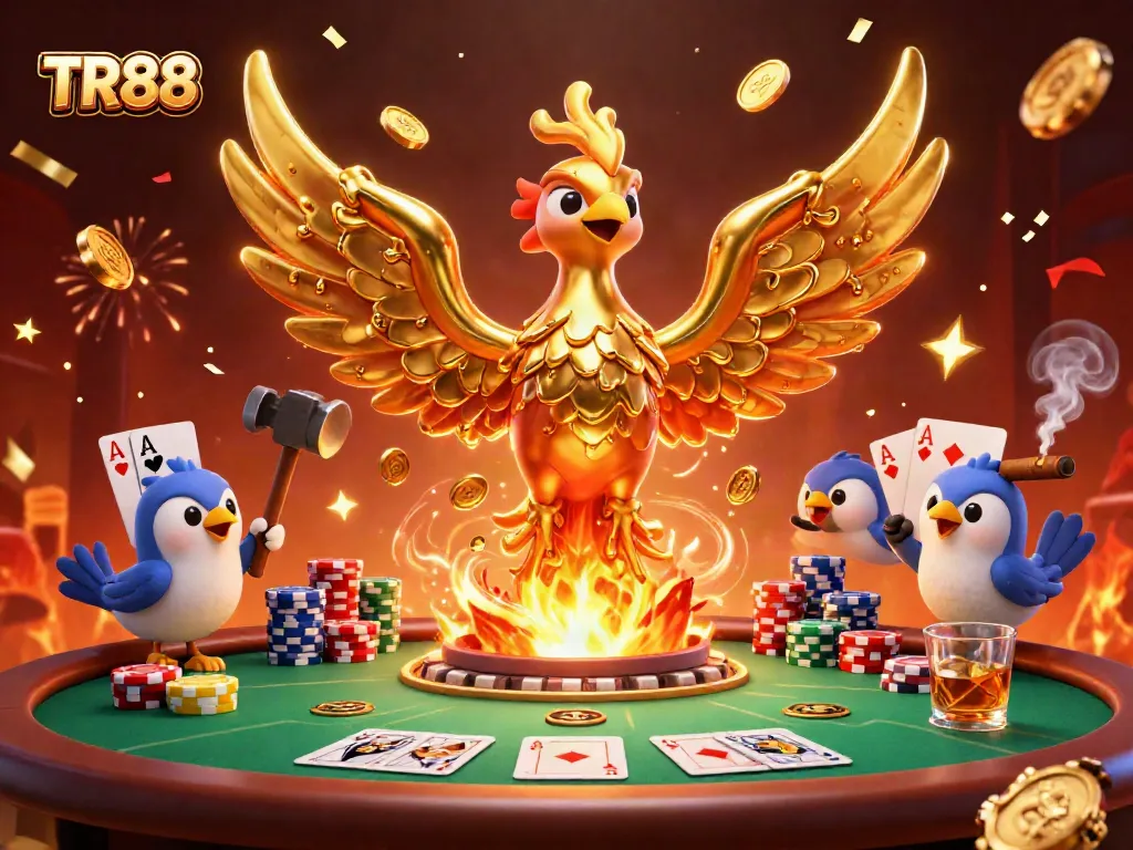 Engage with TR88 in a vibrant casino scene featuring a phoenix and poker elements.