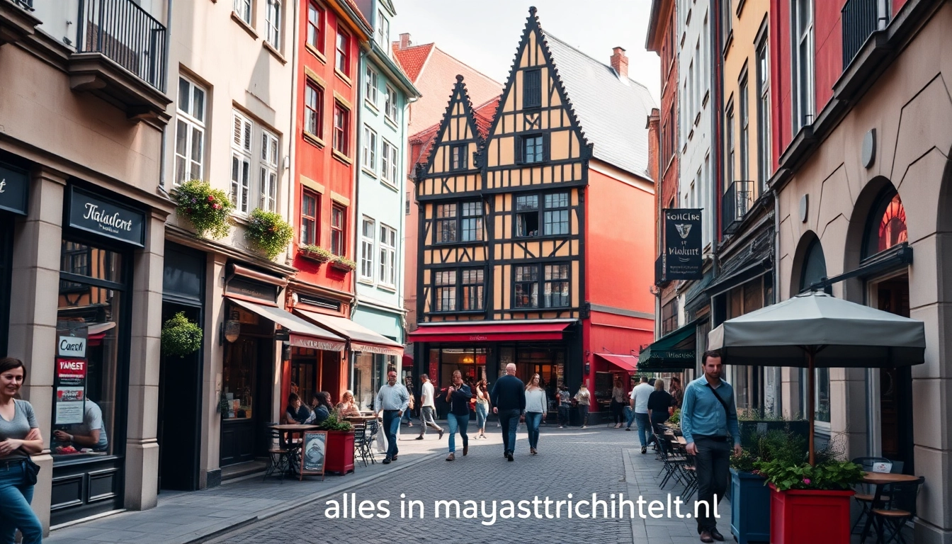 Ontdek allesinmaastricht.nl met een kleurrijke afbeelding van het levendige straatleven in Maastricht.