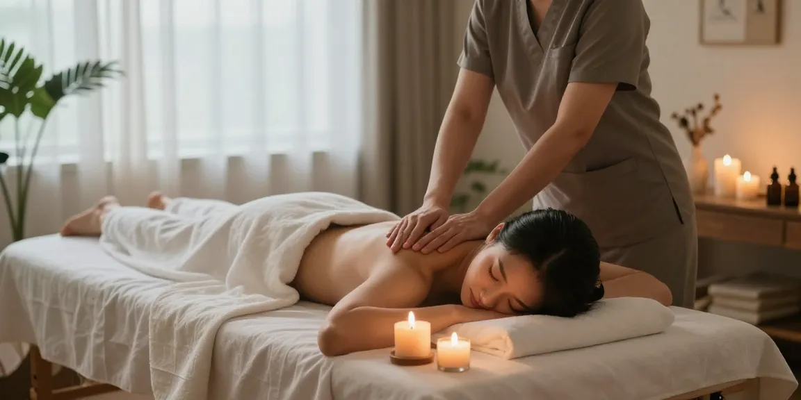 마포출장안마 therapy session in a calming home massage setting with candles and plants.