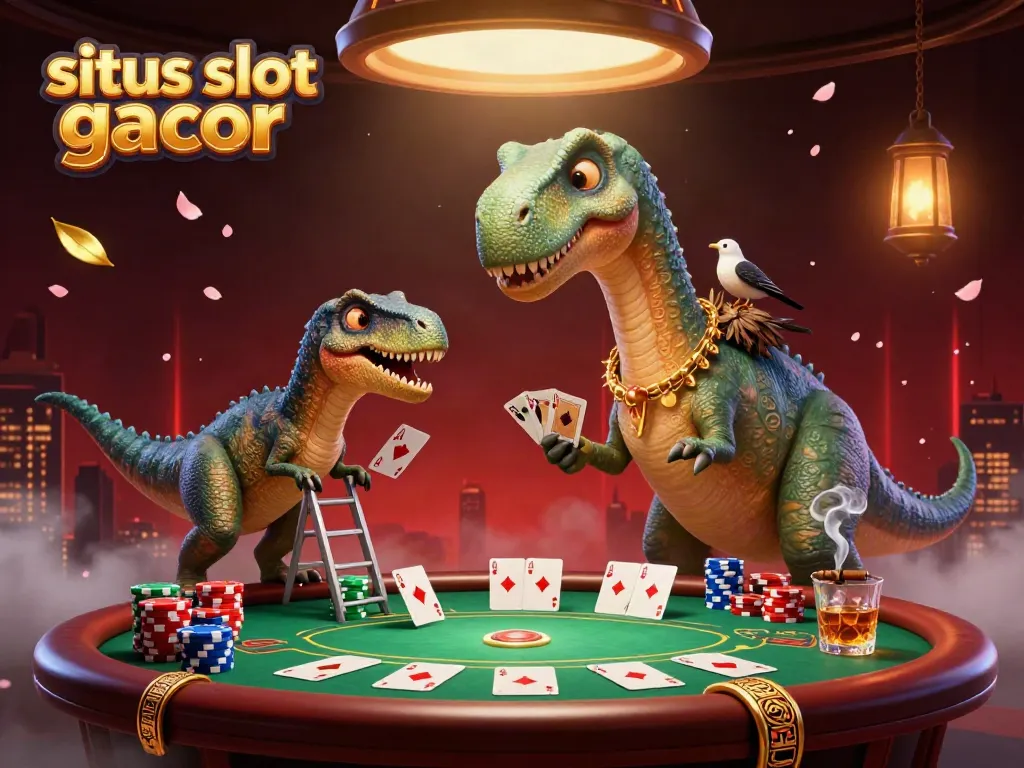 Experience situs slot gacor with a playful scene featuring a towering brontosaurus and clever raptor in a vibrant casino.