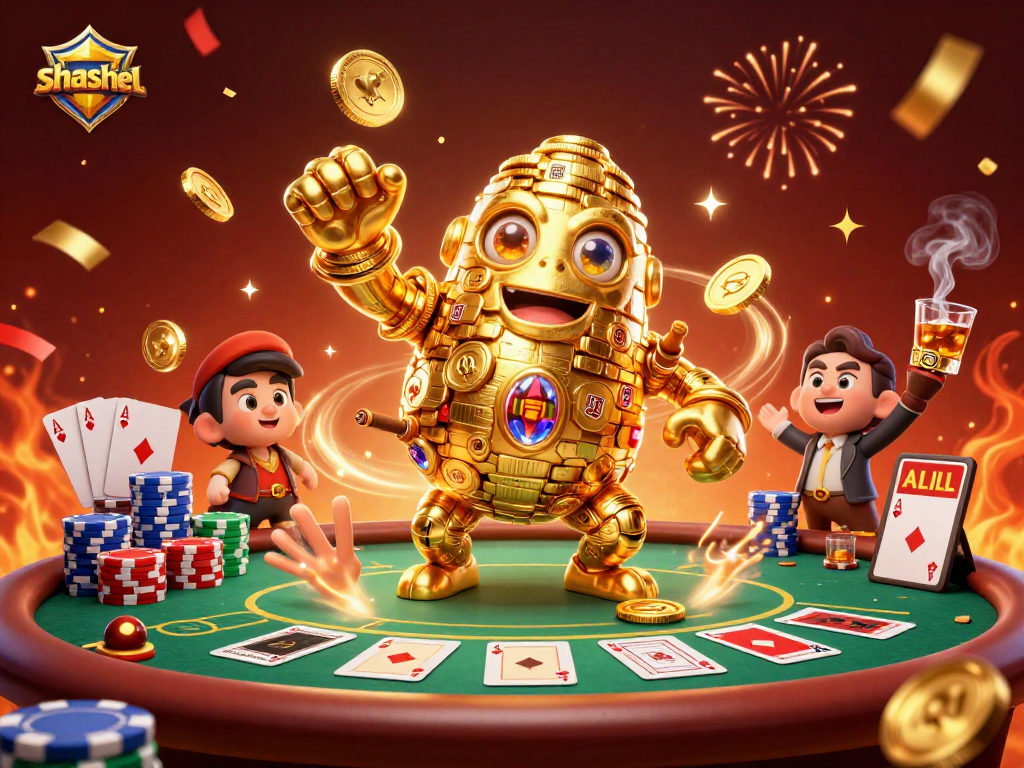 Experience the excitement of shashel with vibrant poker elements and golden golem, perfect for casino players.