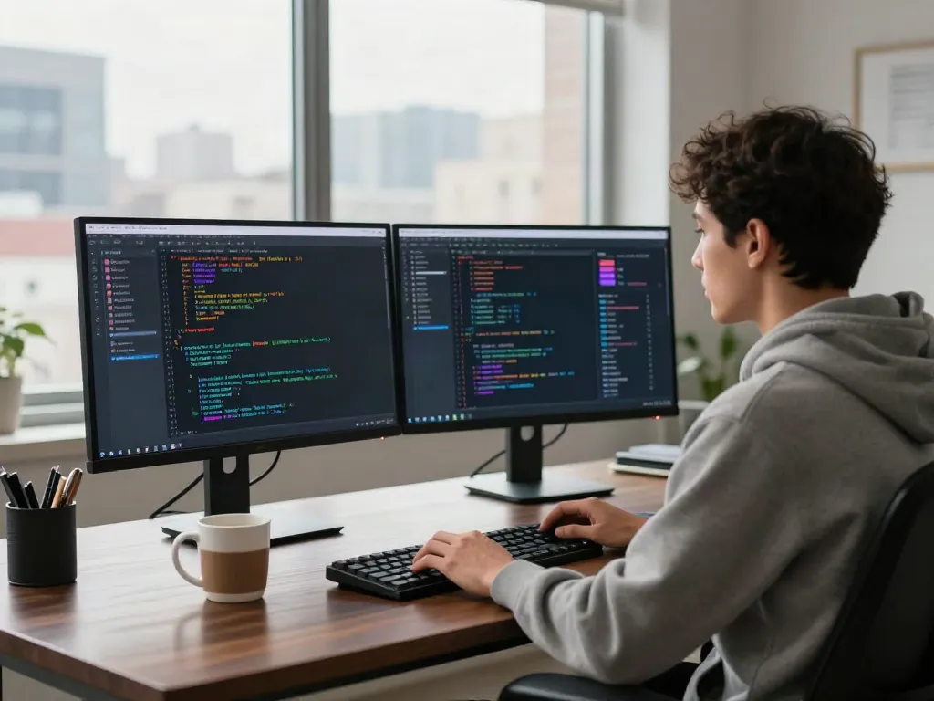 v2rayN官网 coding workspace with developer at a standing desk