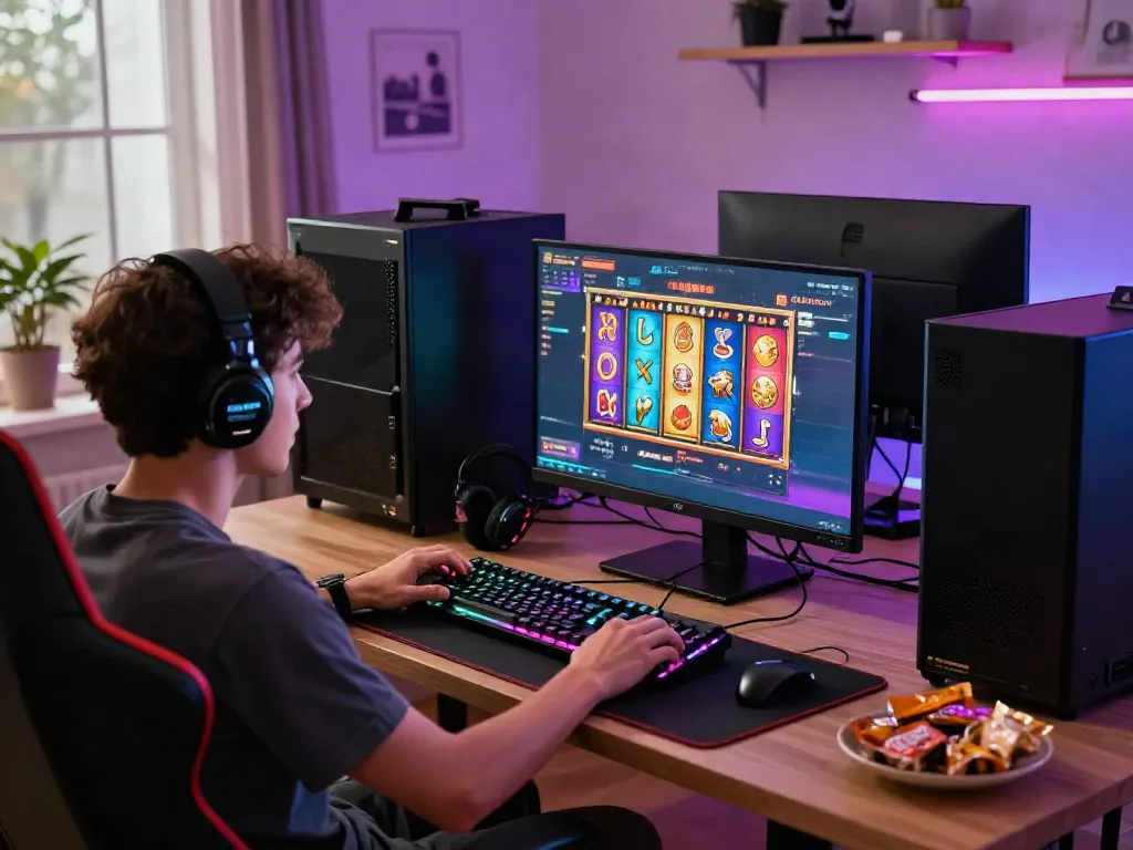 Engaged gamer playing PG SLOT on a vibrant gaming monitor in a cozy setup.