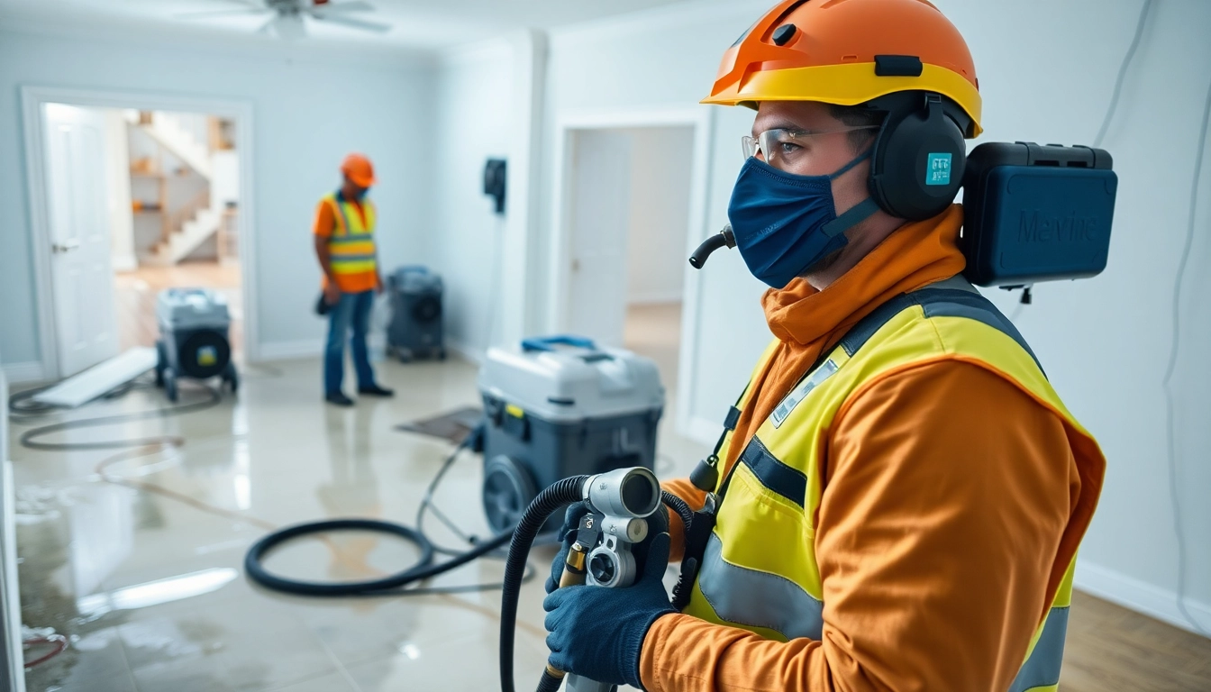 Emergency disaster restoration team assessing water damage in a home environment.
