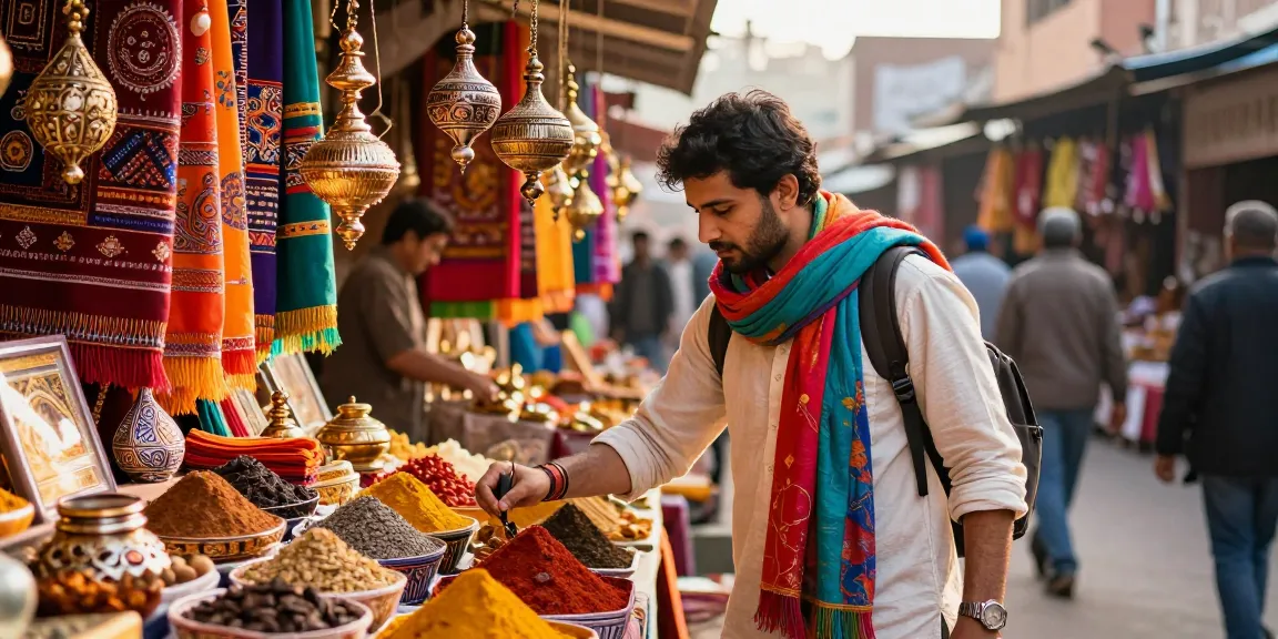 Vibrant market scene showcasing luxury and custom tour packages with local artisans and colorful textiles.