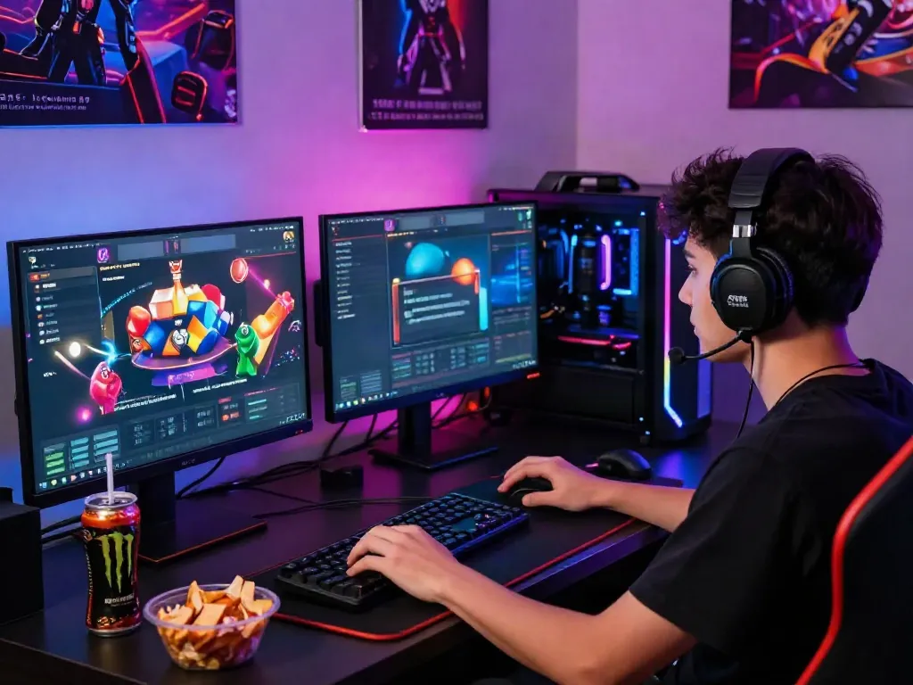 Young adult engaged in situs slot gacor gaming on a high-end setup with vibrant lighting.
