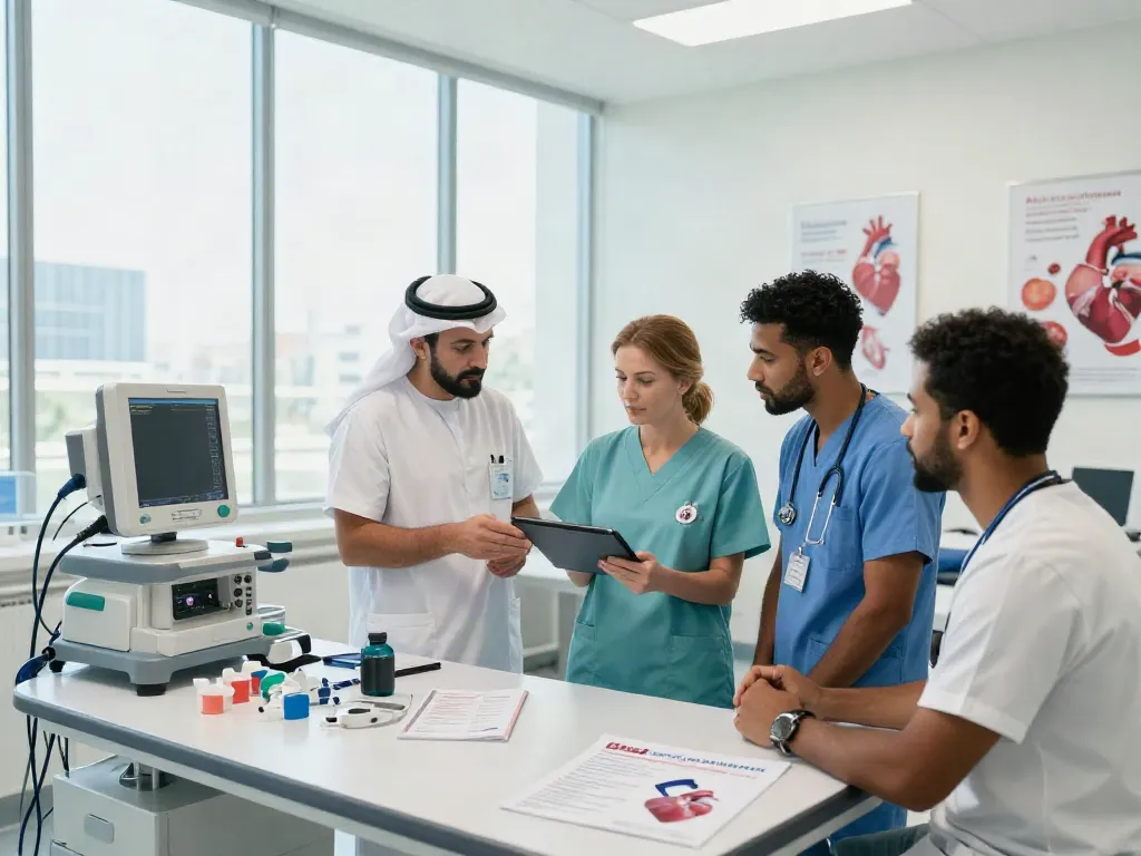 Heart transplant in Abu Dhabi team collaborating on patient care in a modern medical facility
