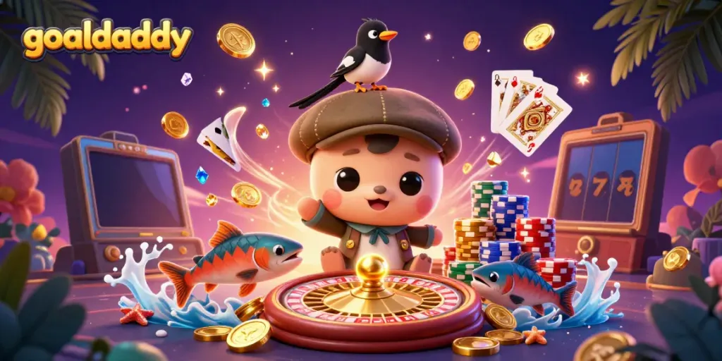 Engage with goaldaddy in an exciting casino scene with vibrant characters and action-packed gaming elements.