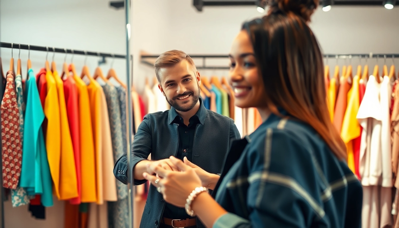 Helping users learn How to find my Perfect outfit with a stylist in a vibrant boutique.