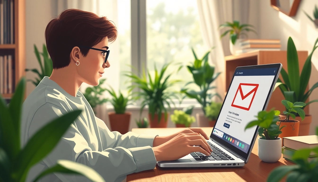 下载gmail应用程序，人在舒适的家庭办公室中使用计算机。